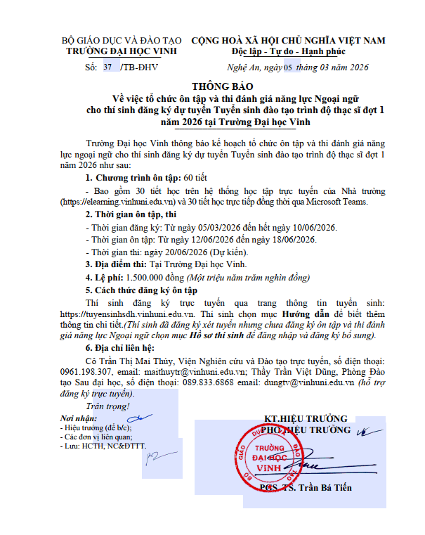  Thông báo về việc tổ chức ôn tập và thi đánh giá năng lực Ngoại ngữ  cho thí sinh đăng ký dự tuyển Tuyển sinh đào tạo trình độ thạc sĩ đợt 1 năm 2026 tại Trường Đại học Vinh
